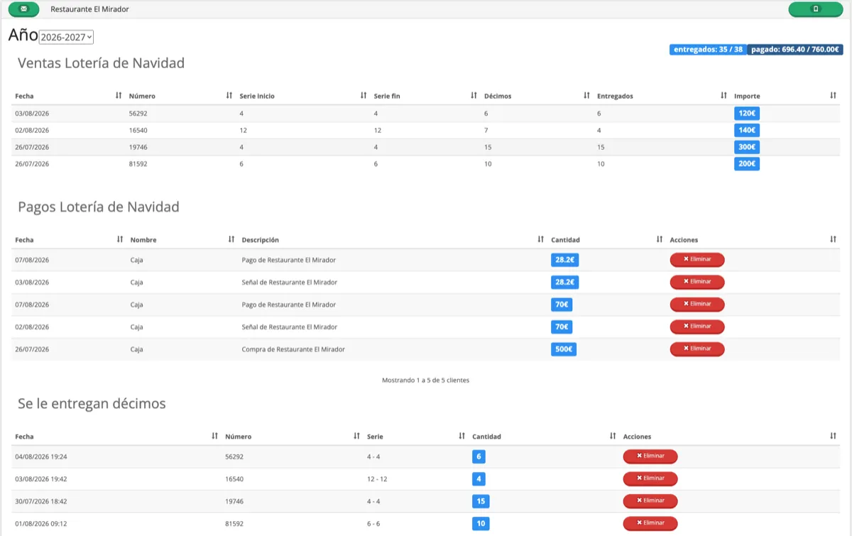 Ficha de cliente con sus ventas, entregas y pagos de lotería