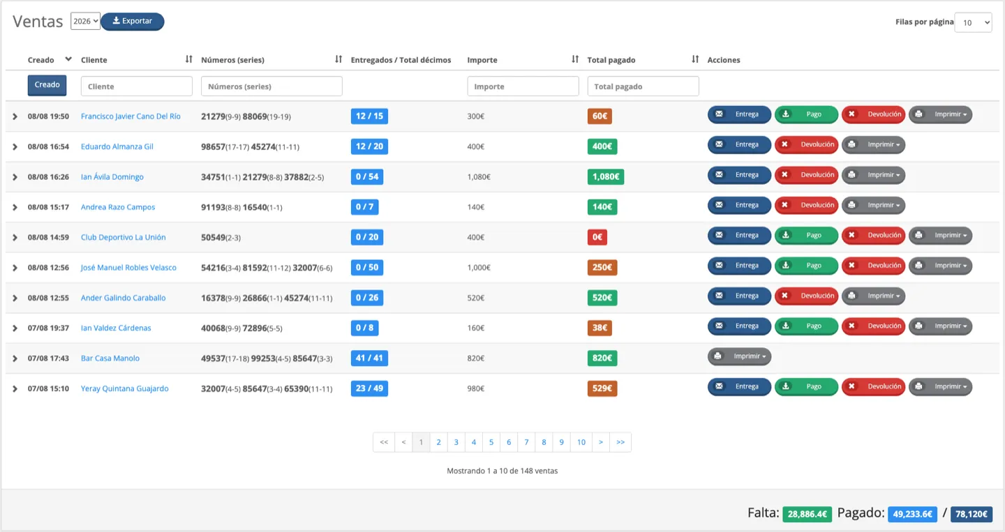 Listado de ventas de lotería con décimos entregados, importes y pagos en NaviLoto