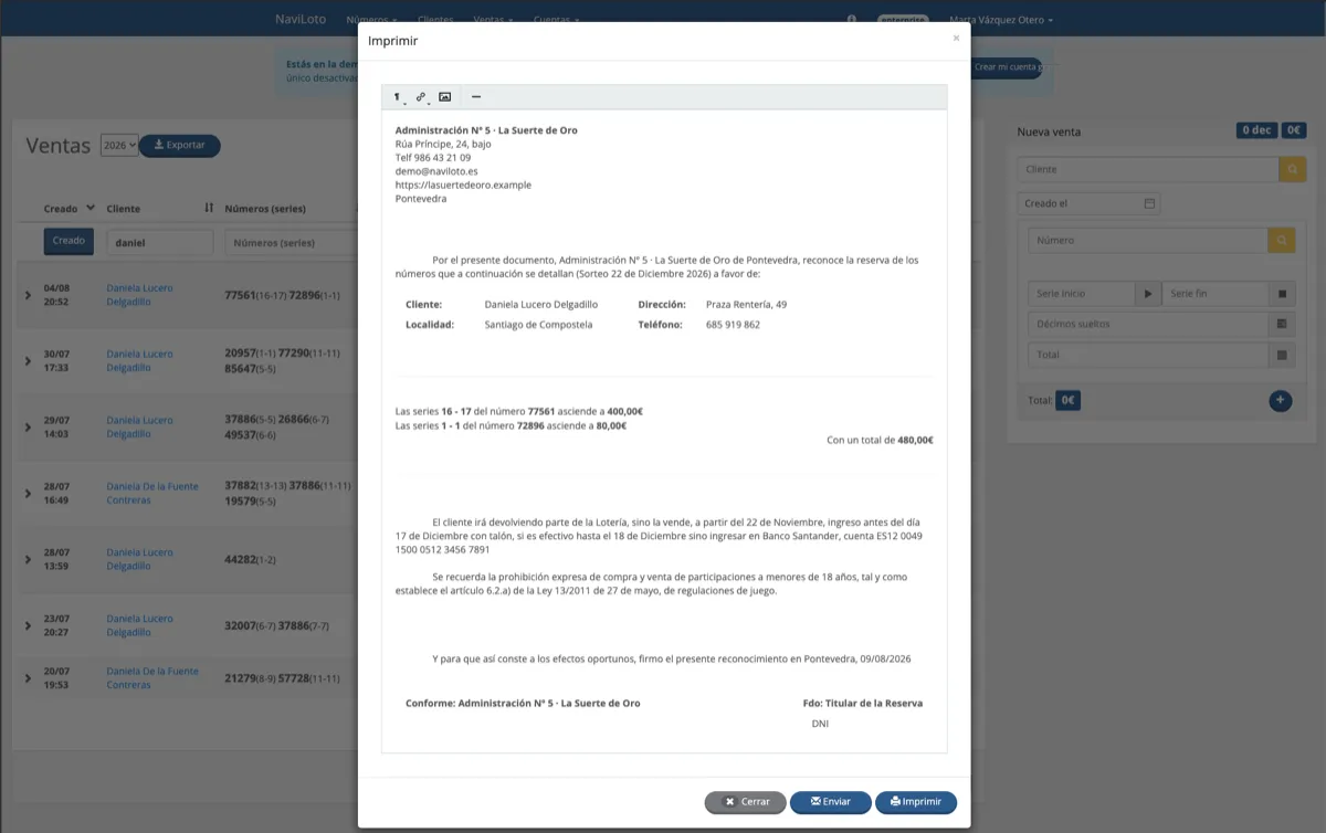 Documento de entrega de décimos de lotería listo para imprimir o enviar por correo