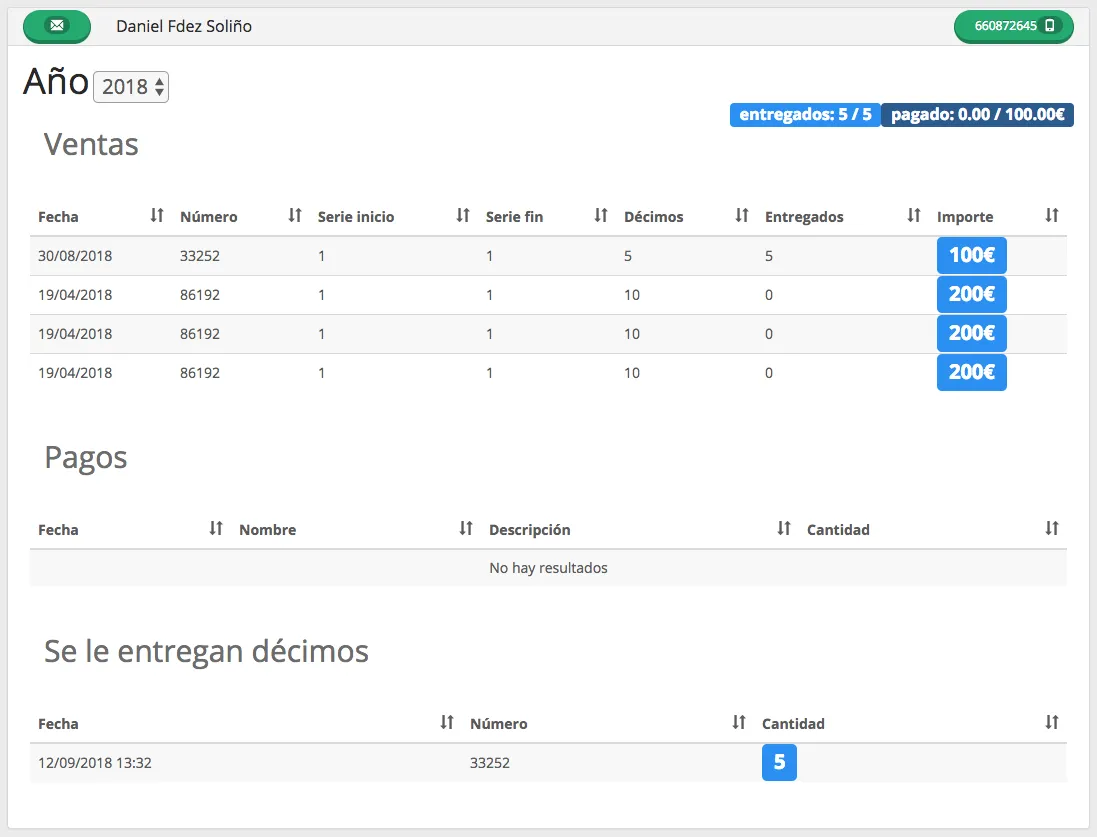 Ficha de cliente con sus ventas, entregas y pagos de lotería